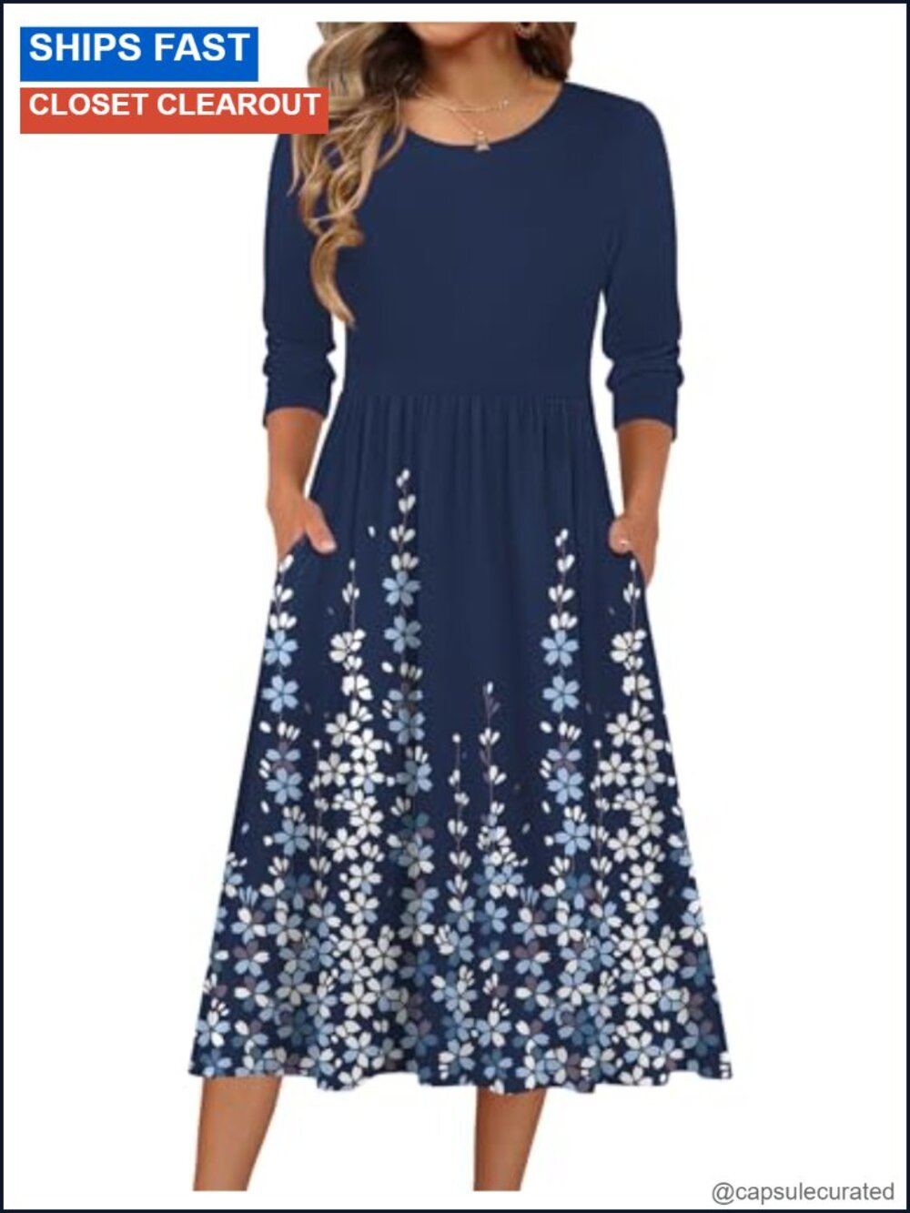 Women's 3/4 Sleeve Midi Dress A-Line Casual Flowy Fit Pockets